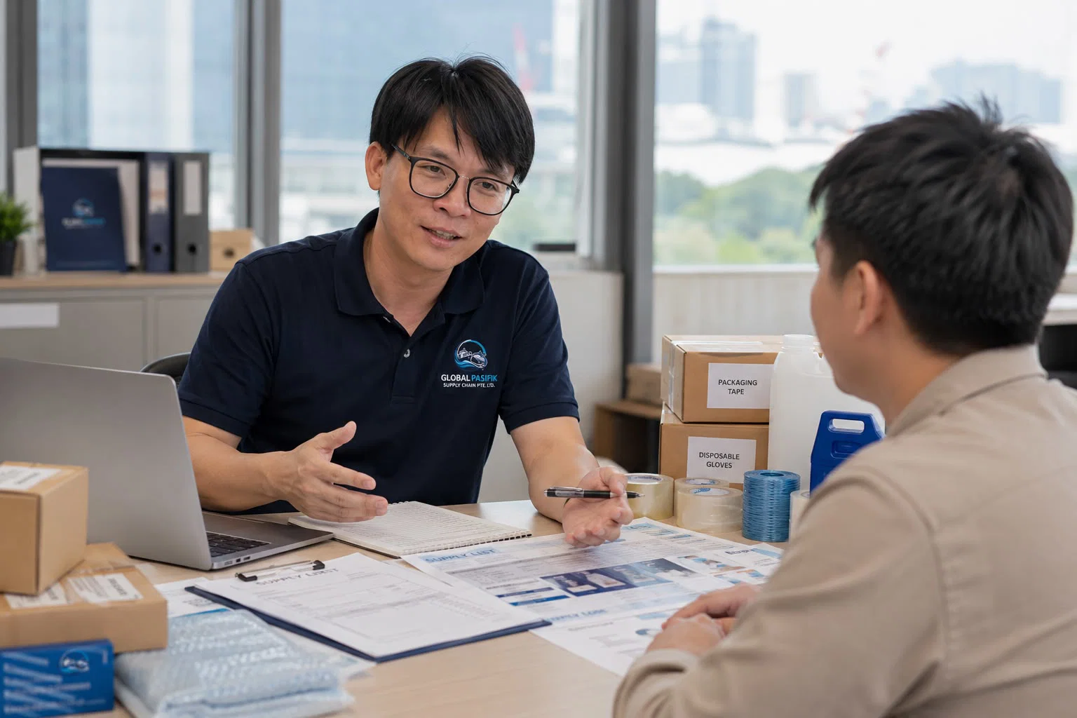 Eric Teng discussing sourcing, packaging and shipment requirements with a customer