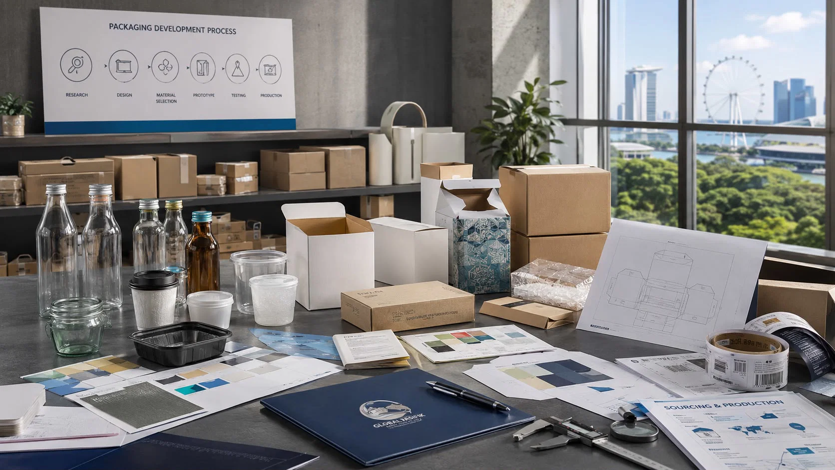 Packaging development workspace with packaging samples, material options and production plans